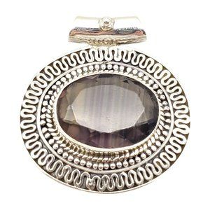 Fluorite Pendant Sterling Silver Southwestern Style Purple 1 1/2 inch